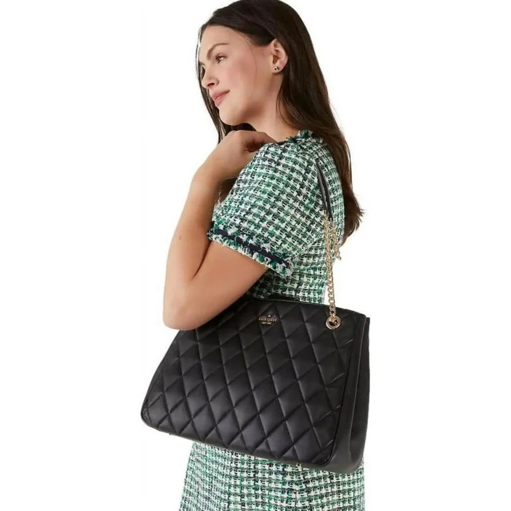 Kate Spade Carey Tote - Black Quilted Shoulder Bag with Chain Straps